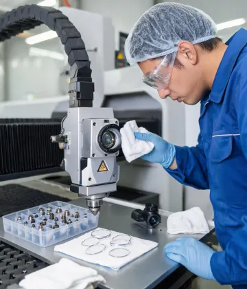 Service specialist inspecting cutting head optics