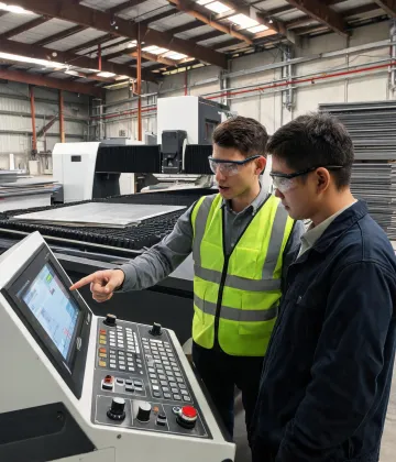Training lead guiding laser machine operators at a control console
