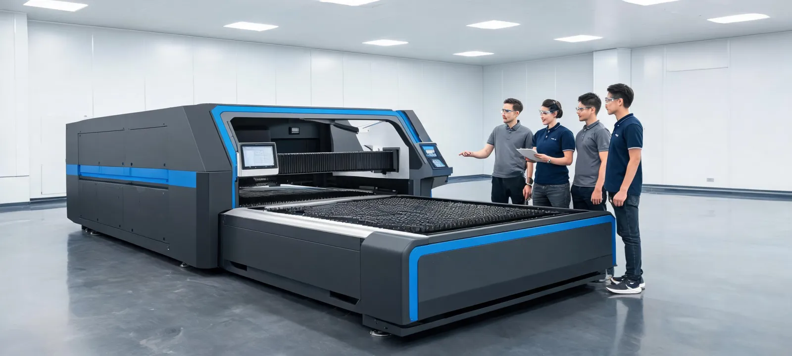 Bystronic engineering team beside an industrial laser cutting system