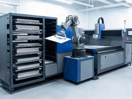 Automated sheet loading tower beside a laser cutting machine