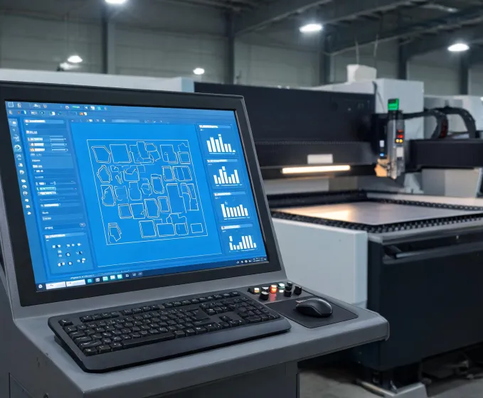 Laser cutting control console with production data and CNC nesting screen