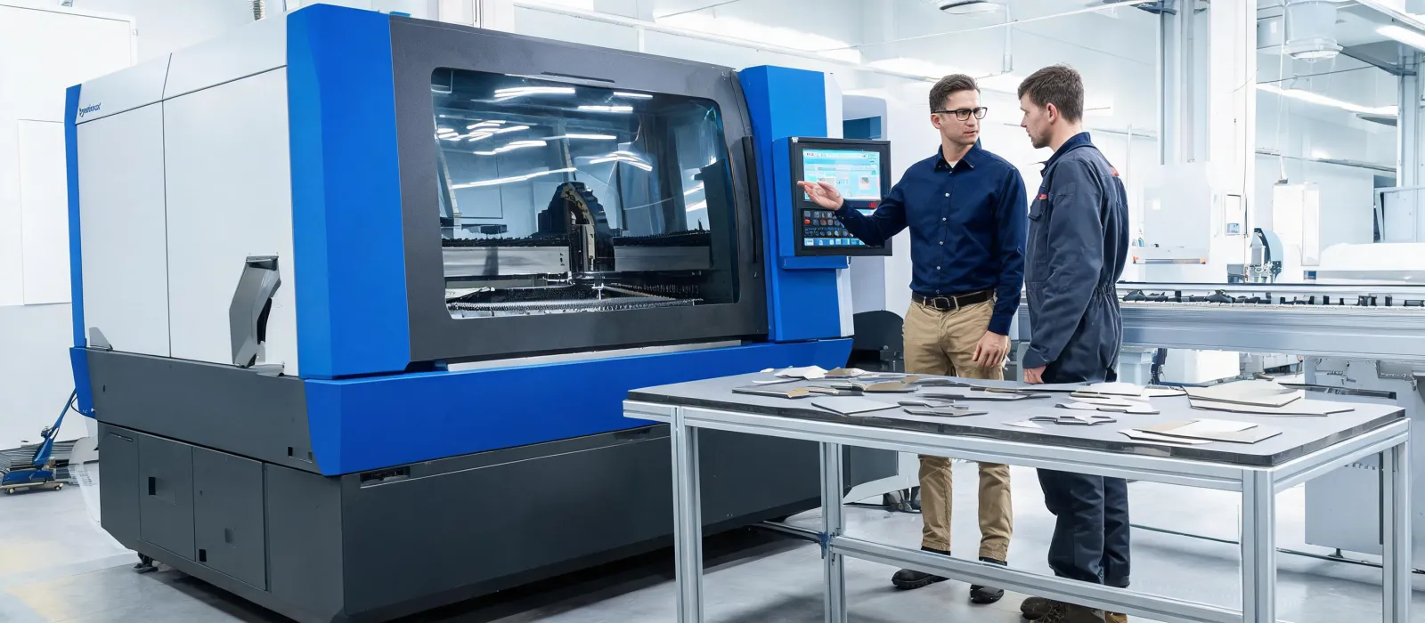 Engineer reviewing a fiber laser cutting cell with production operators